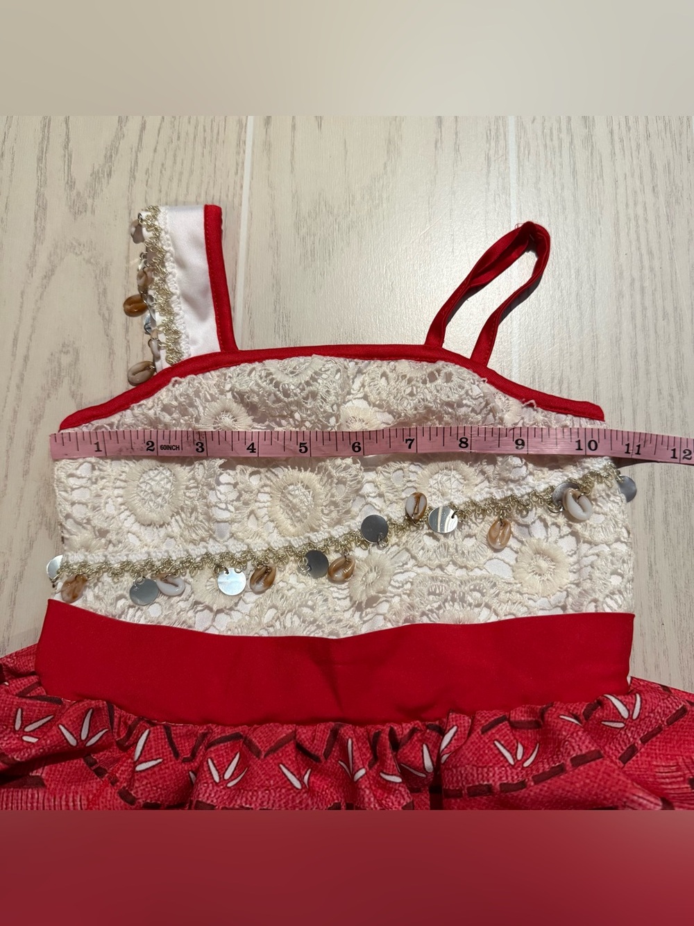 Moana Inspired Girls Costume Dress Size 120 5/6 Red White Fringe Beaded - Picture 8 of 14